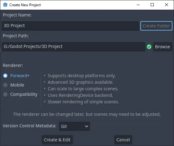 Godot new project window